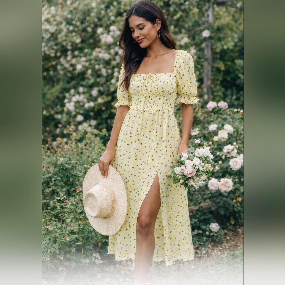 For Love & Lemons Midi Dress Size Small Yellow With White Flowers Front Slit